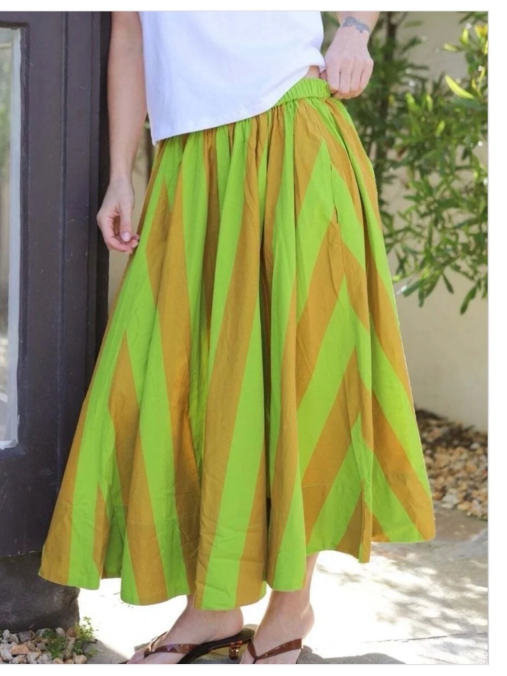 Free People Small S striped skirt Lowen cotton midi green mustard - Picture 5 of 8